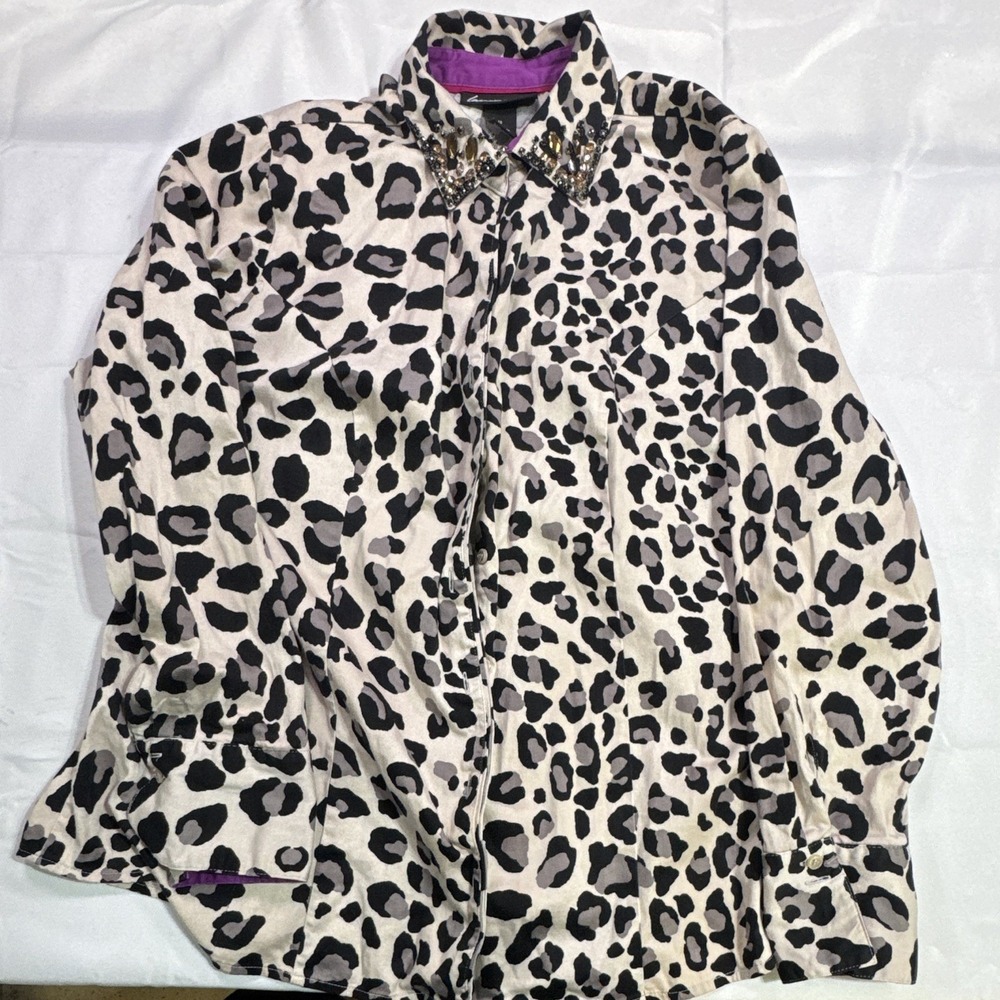 Lane Bryant Leopard Print Button Front Shirt Jeweled Collar Women's Size 18